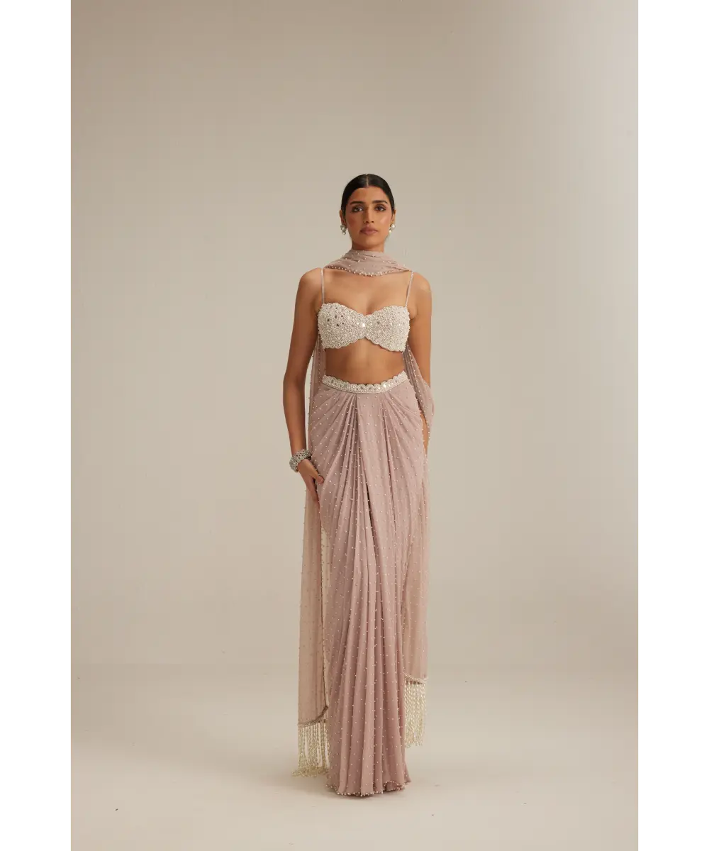 VVANI VATS- Ash pink Pearl Scattered draped skirt set
